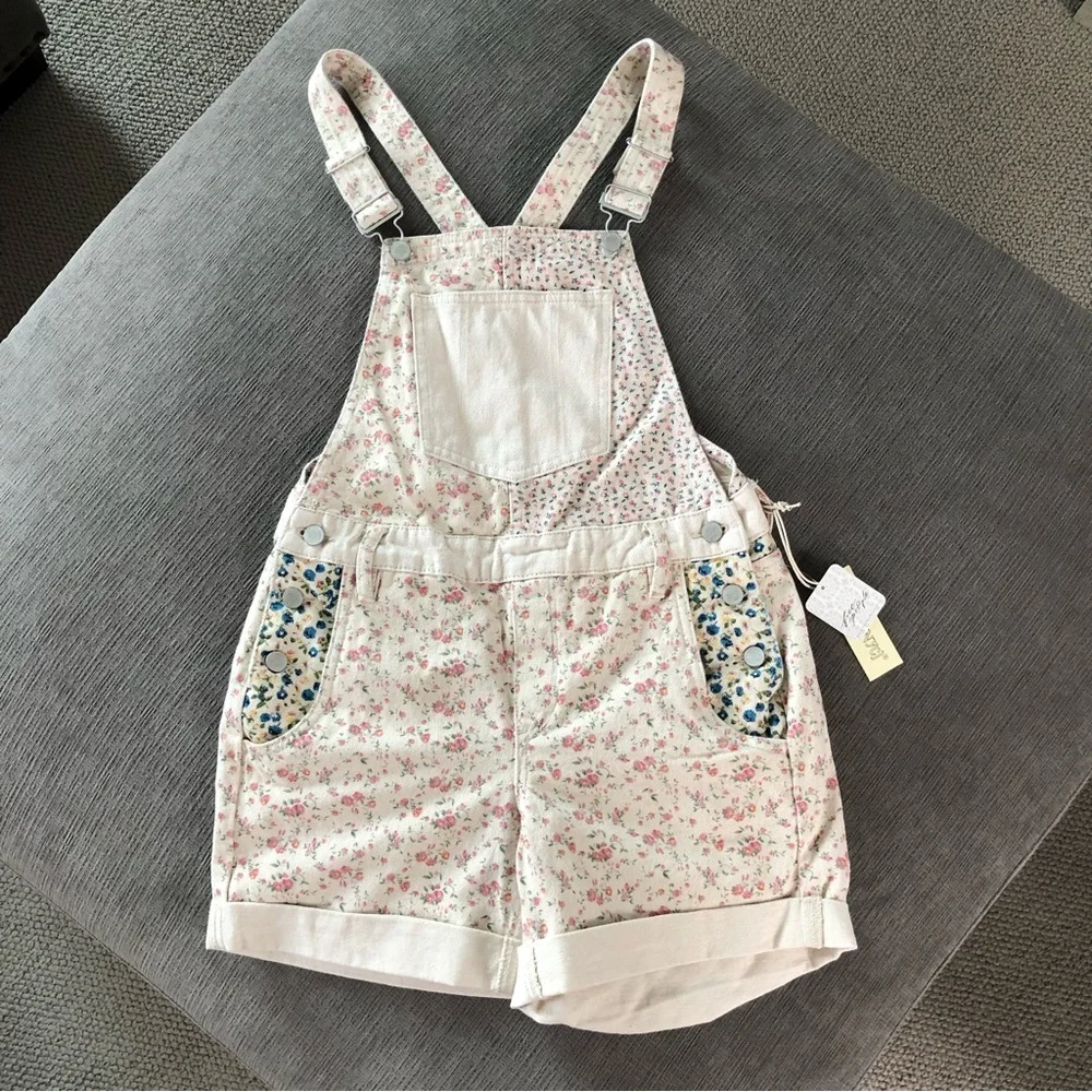 Free People Floral Print Overalls in Cream and Pink - Picture 1 of 10